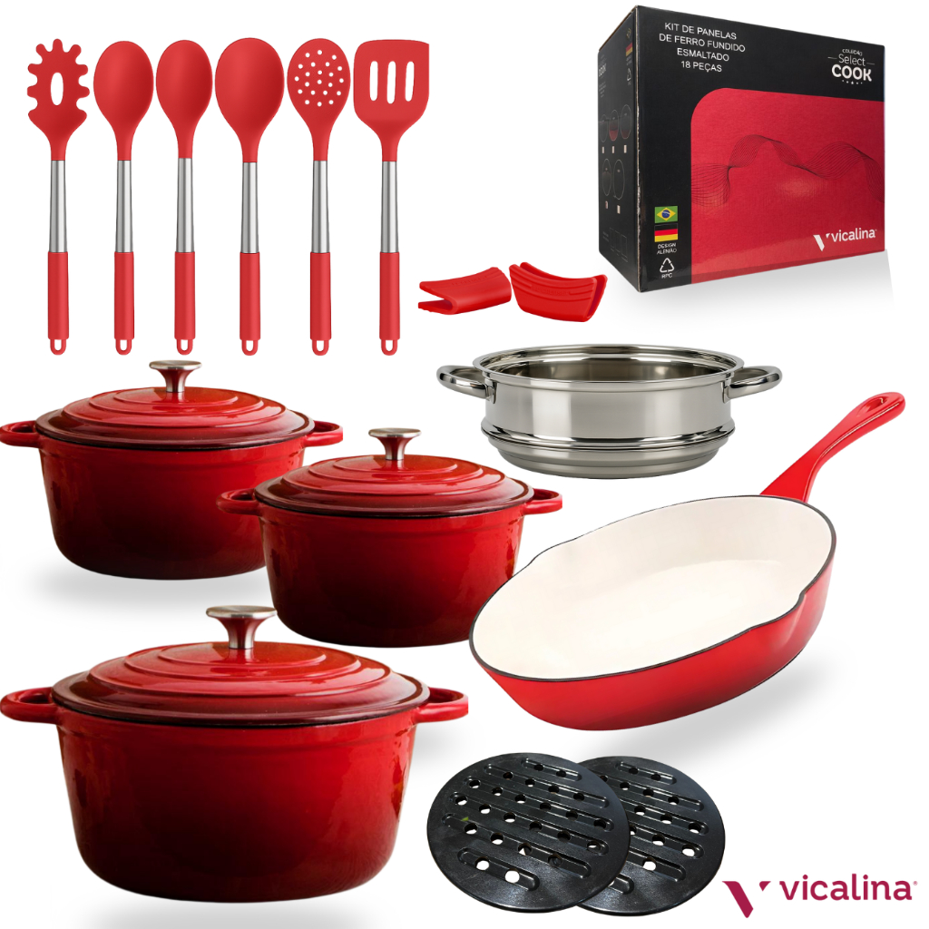 Vicalina kit jogo conjunto de panelas de ferro esmaltadas luxo para fogão indução 18 peças