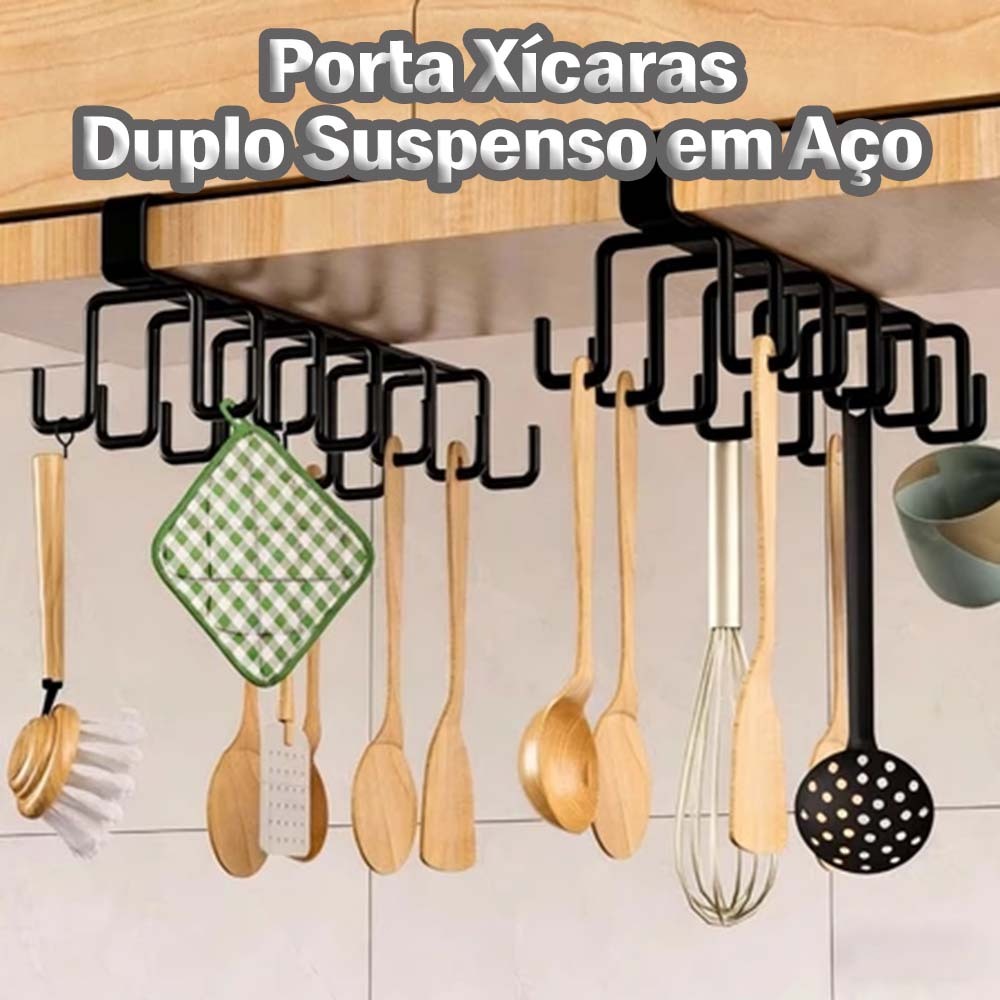 KIT 1/2 Peças Porta Xícaras Suspenso Duplo Camadas em Aço - Organizador de Armário para Cozinha