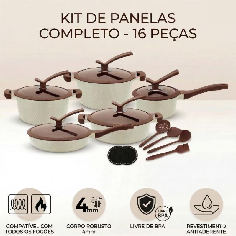 Conjunto Jogo De Panelas Antiaderente Revestido em Cerâmica Gás Indução 16 Peças