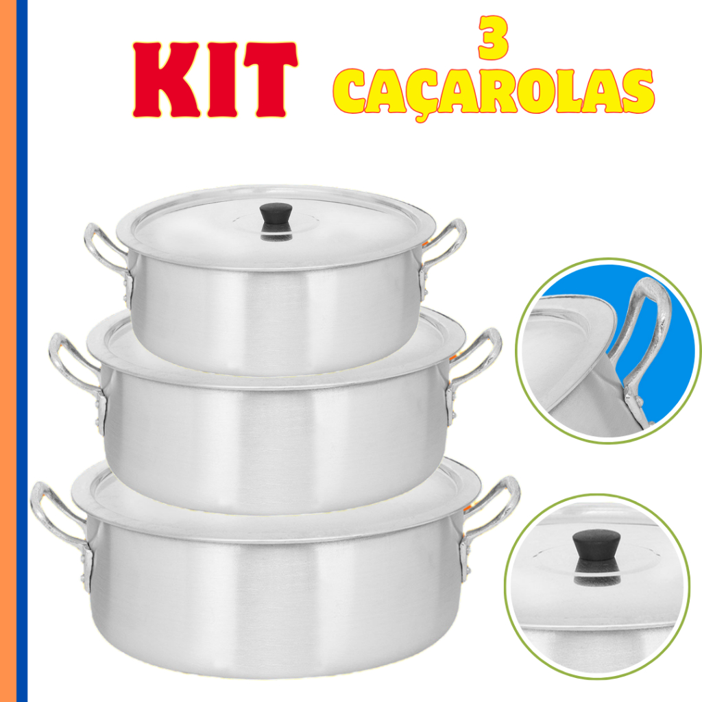 Jogo 3 Panelas Caçarola Alumínio Grande com Tampa Feijoada Sopa Caldeirão N°28 N°30 N°32 Alta Durabilidade