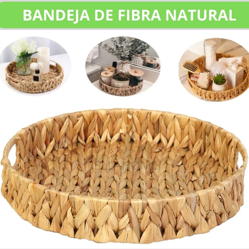 Bandeja Redonda em Fibra Natural com Alça - 2 tamanhos