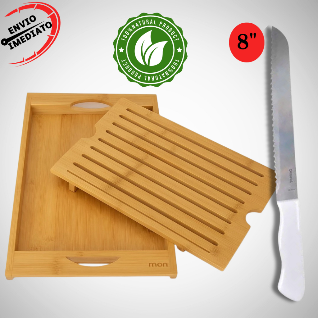 Kit 1 Migalheira + 1 Faca Pão Tabua Bandeja Migalheira de Bambu Para Corte de Pães e Bolos