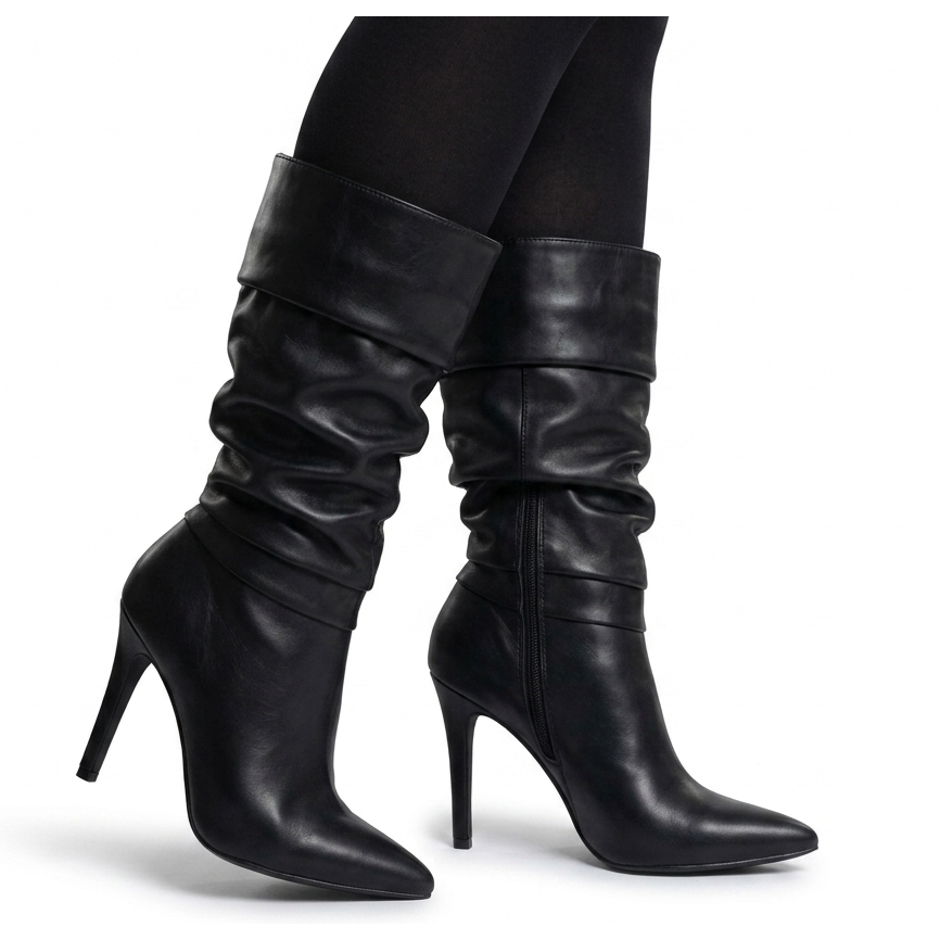 Bota feminina slouch cano médio salto fino sanfonada zíper forrada