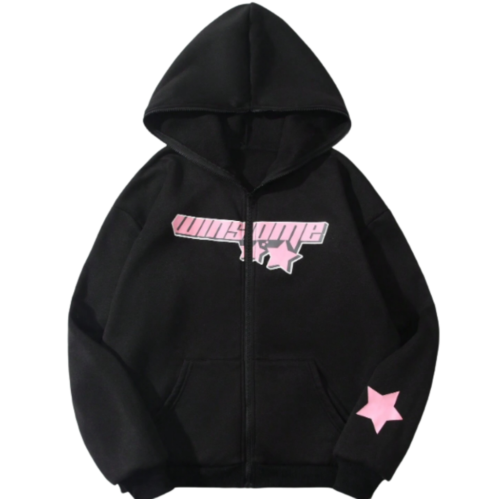 Ziper Moletom  Estilo Streetwear com Detalhes de Estrela C/ Capuz e Bolsos Flanelado