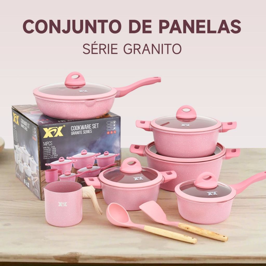 Jogo de Panelas 14 Peças Indução Gás Conjunto de Panelas Revestido em Cerâmica Granito Antiaderente Frigideira Caçarola