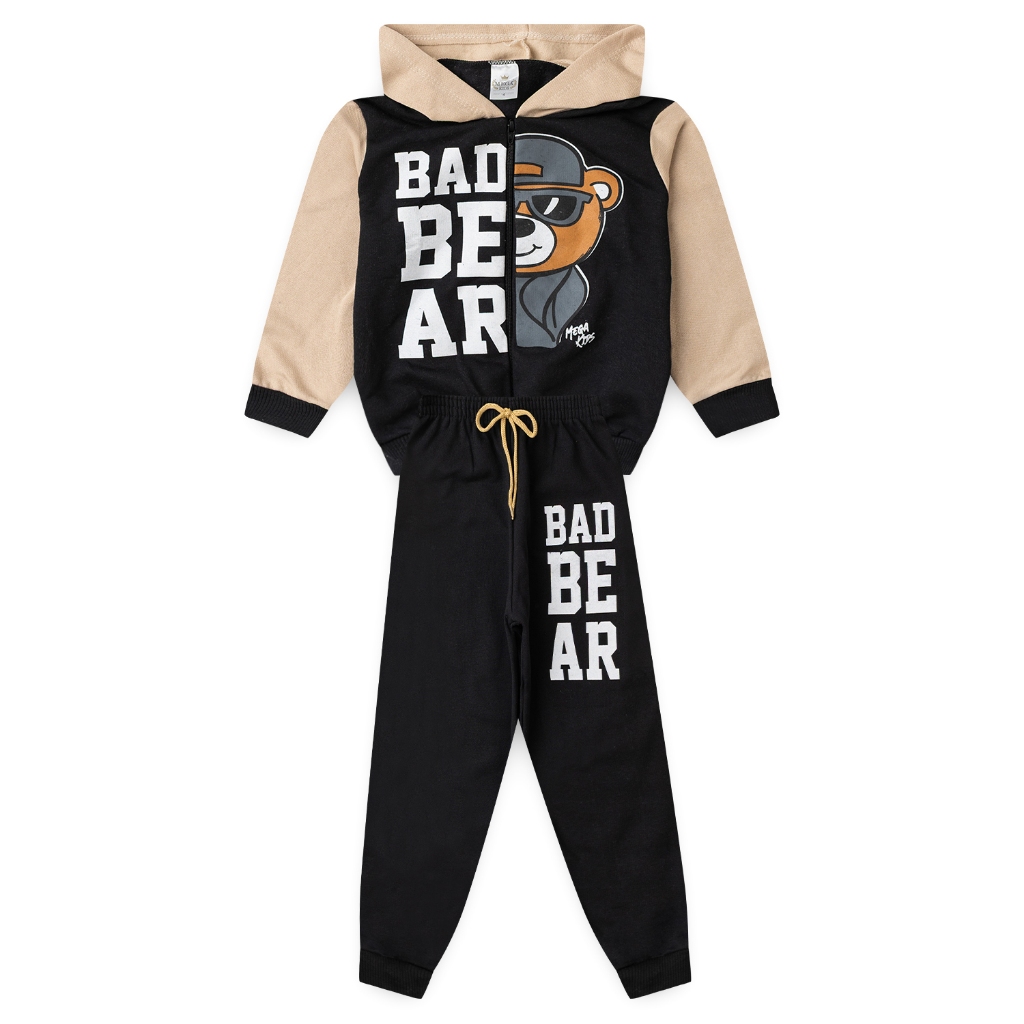 Conjunto Moletom Peluciado Infantil Masculino Bad Bear - Preto