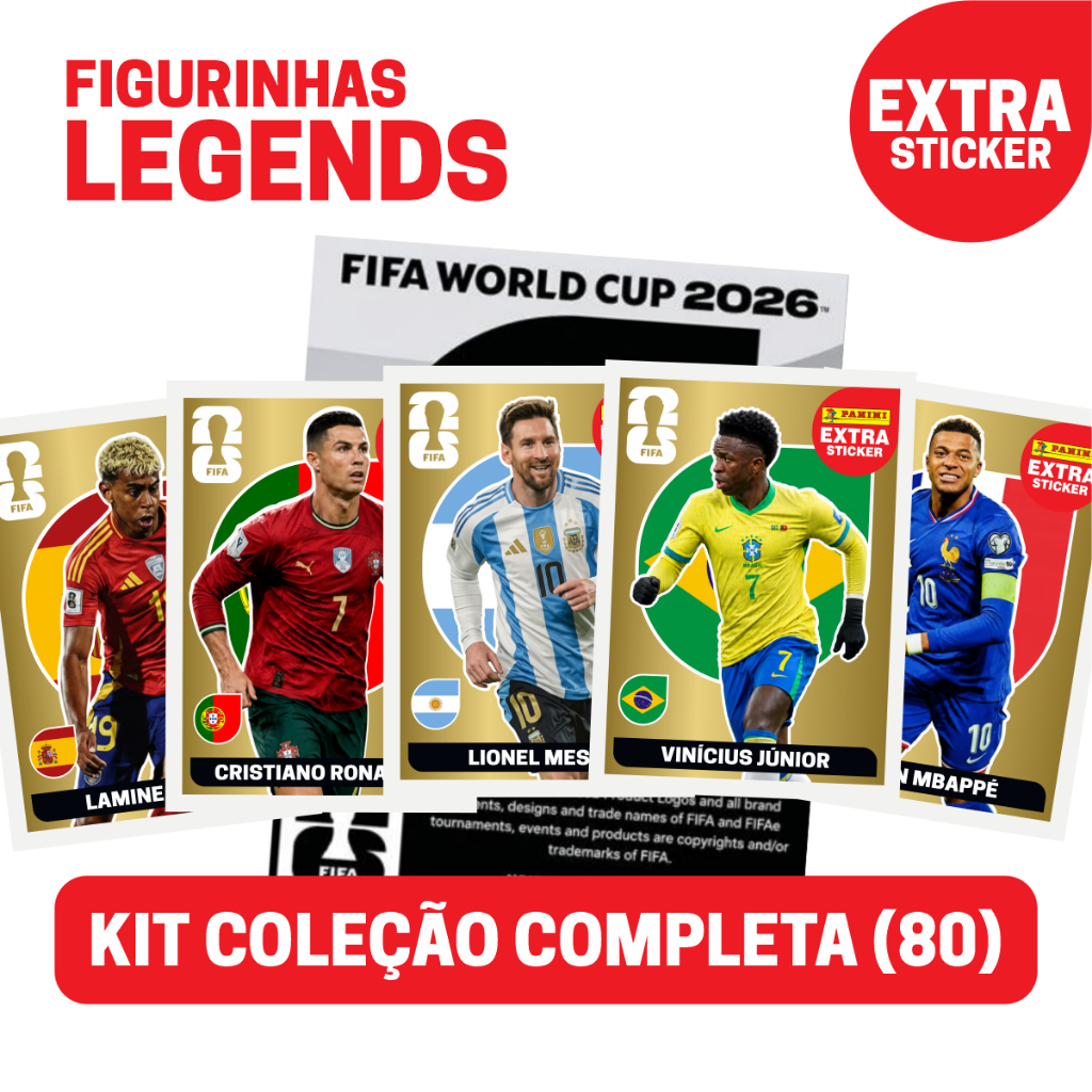 Kit Todas as Legends Coleção Completa Extra Sticker copa do Mundo 2026 80 Figurinhas Produto