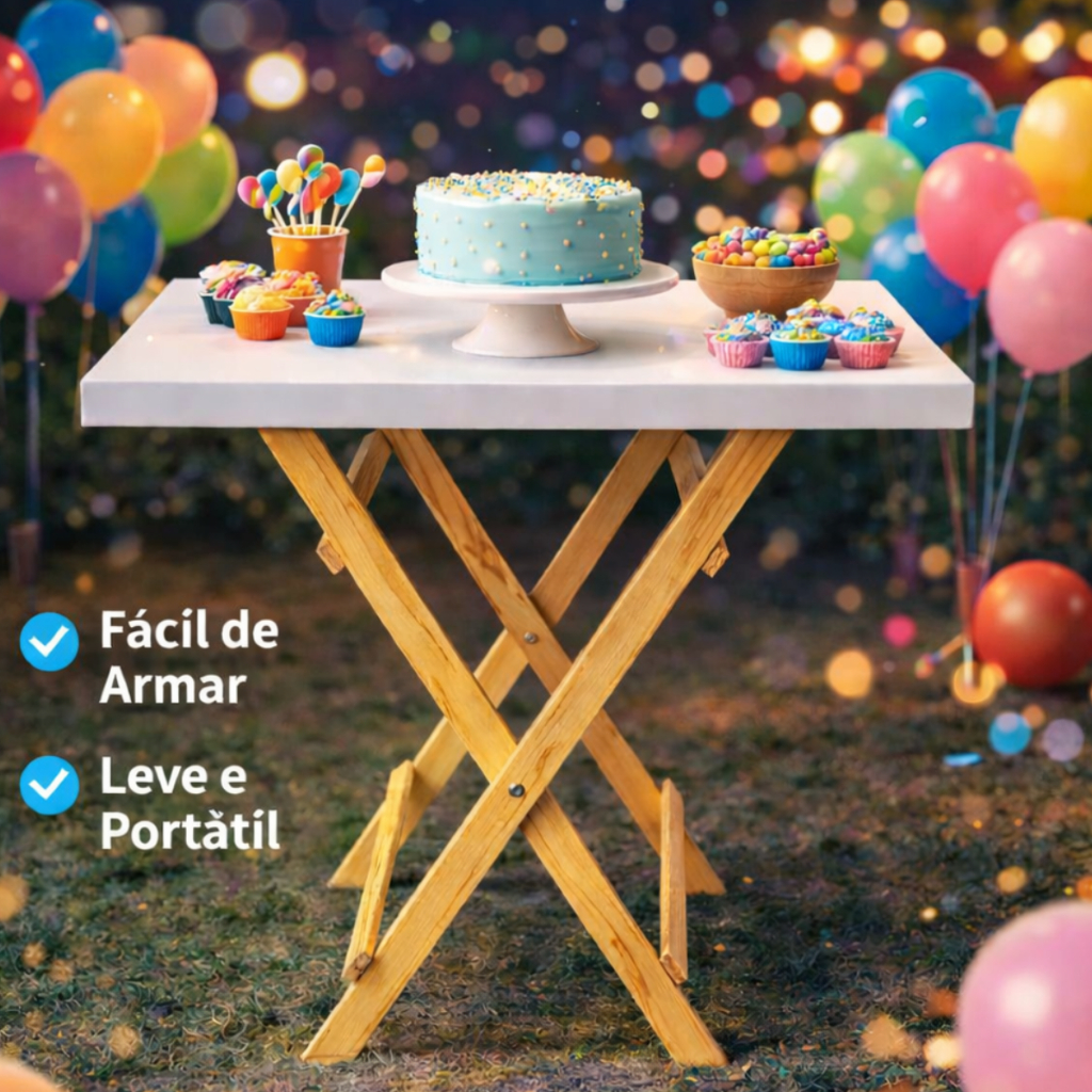 Mesa Cavalete Decorativo de Pinus Desmontável Com Tampo de MDF Para Festas e Decoração  Casa Eventos
