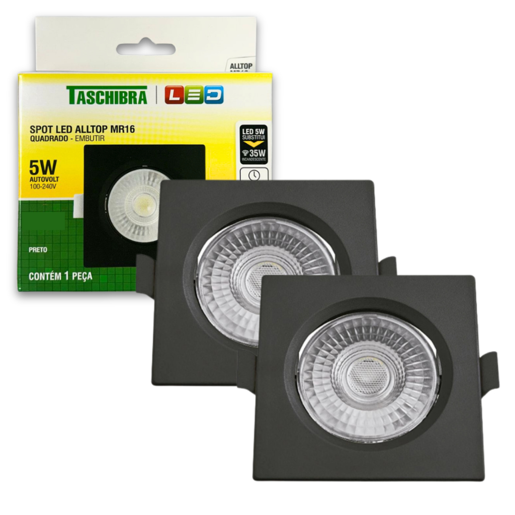 Kit 2 Spot de Led 5W Luminária Teto Embutir Preto Quadrado MR16 Dicróica Gesso Forro Sanca Taschibra