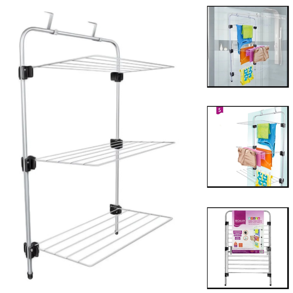 Varal de Porta Janela Box de Banheiro Aço Branco 3 Prateleiras Wick Secalux