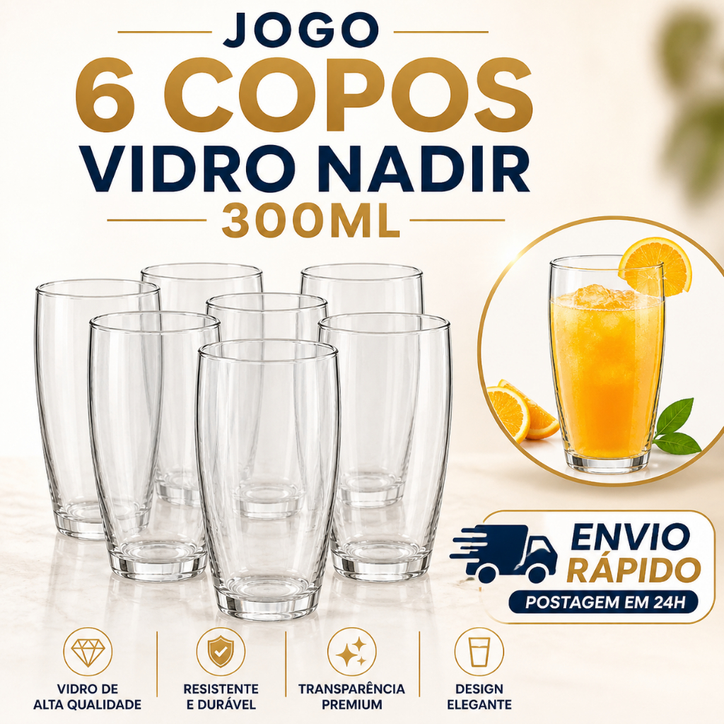 Jogo 6 Copos de Vidro Nadir 300ml Oca Long Drink Resistente