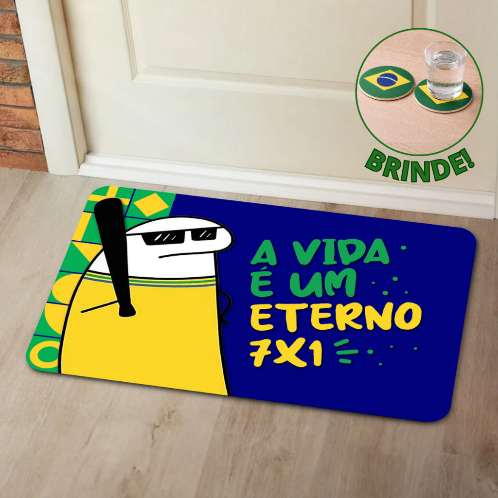 Tapete Entrada Com Brinde Copa do Mundo Brasil 55x35cm Antiderrapante Emborrachado Divertido Futebol
