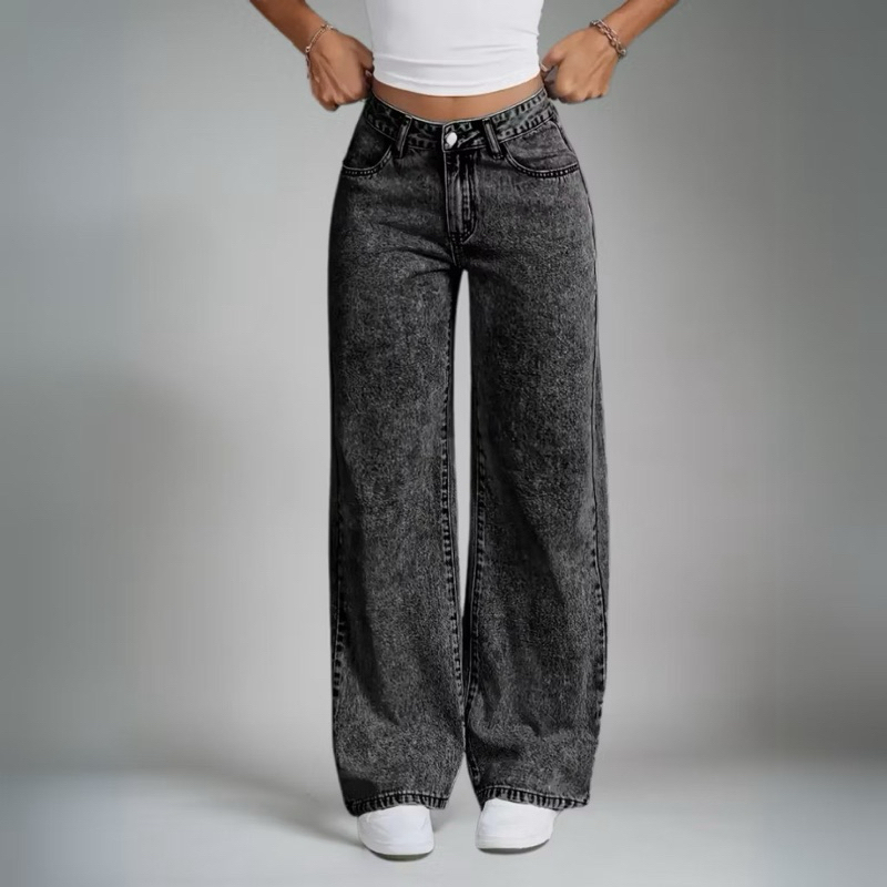 Calça Jeans Wide Leg Grafite / azul jeans Cintura Alta com Efeito / Empina Bumbum / Super Tendência