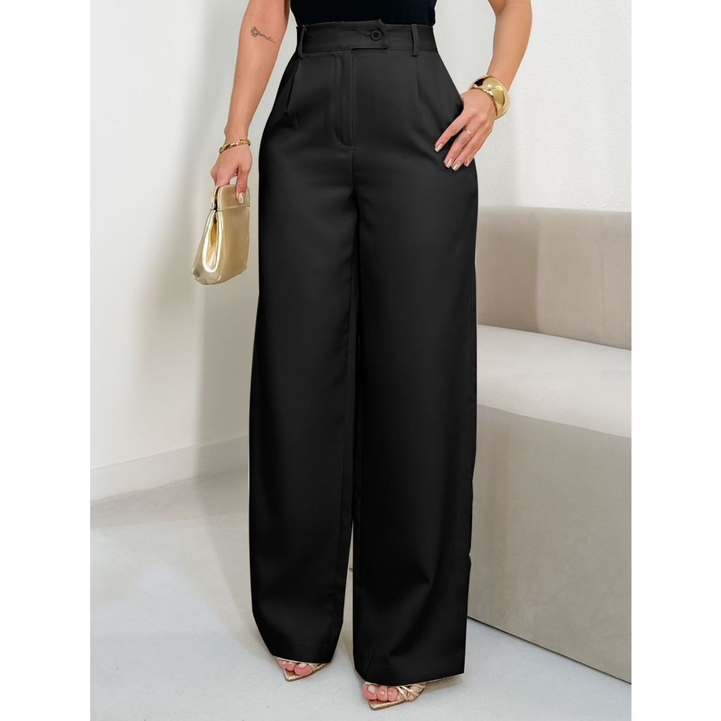 EMILI Calça Alfaiataria Pantalona Feminino Detalhe Em Fecho italiano Cruzado- S851