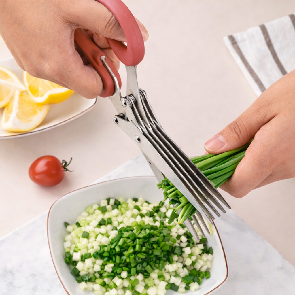 Tesoura Cozinha Cortar Picar Legumes Verdura e Ervas 5 Lâminas Inox Temperos Ervas