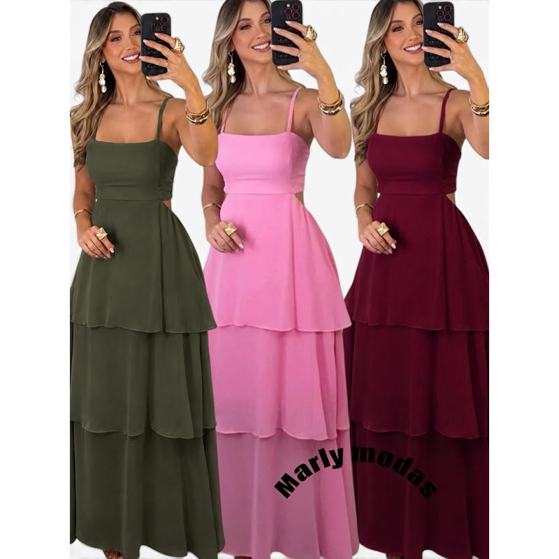 VESTIDO LONGO FEMININA SAIA BABADO FESTA OU CASAMENTO