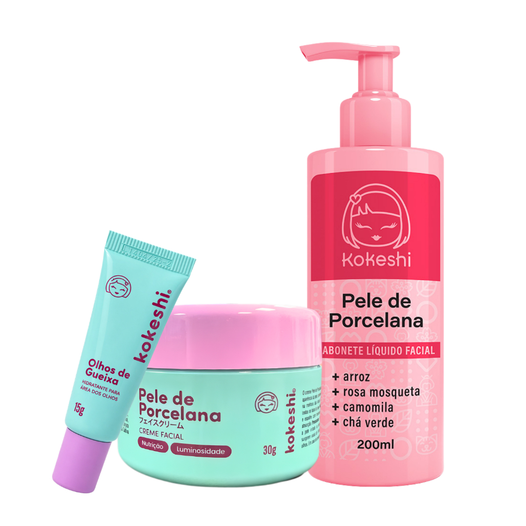 Kit Limpeza e Hidratação Facial Pele de Porcelana Kokeshi Sabonete Olhos de Gueixa