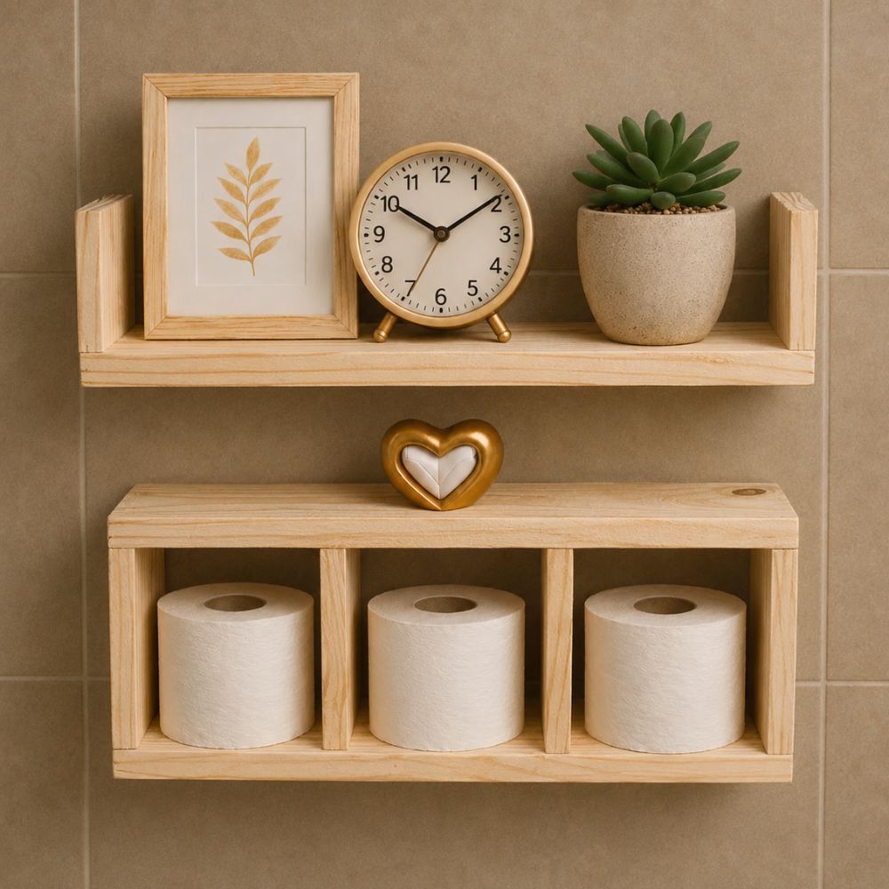 Kit Prateleira + Nicho para Banheiro, Lavabo, Quarto ideal para Decoração em Madeira Pinus Natural Já Montado