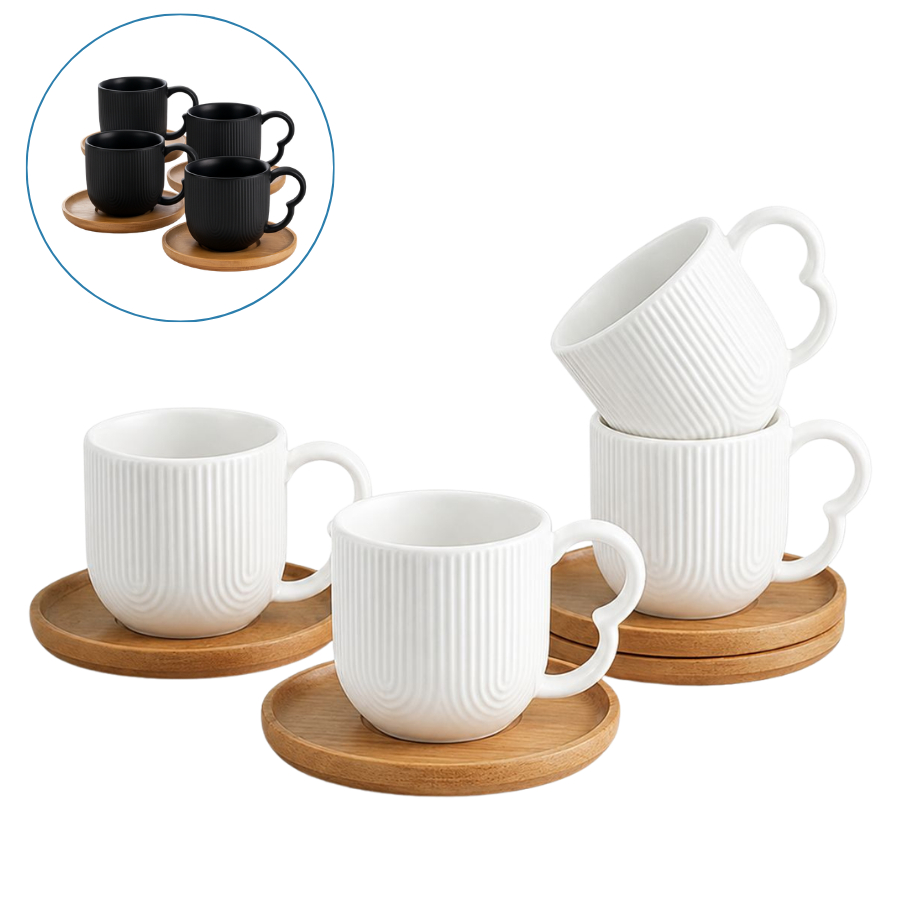 Jogo 4 Xicaras De Café Porcelana com Pires Bambu 90ml Oásis