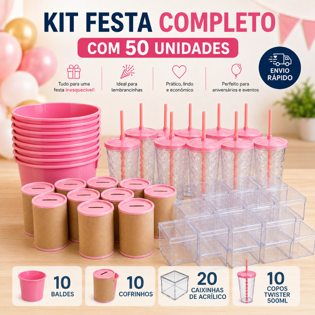 Kit Festa Completo Para Aniversário – Copo, Baldinho, Cofrinho e Embalagens Decorativas 40 PEÇAS