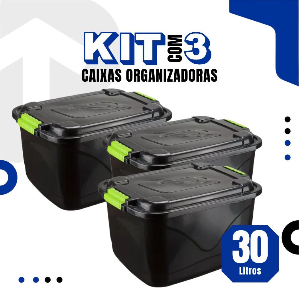 Kit 3 Caixas Organizadora C/ Tampa e Trava 30L Cestos Organizadora  Grande para Brinquedos e Multius