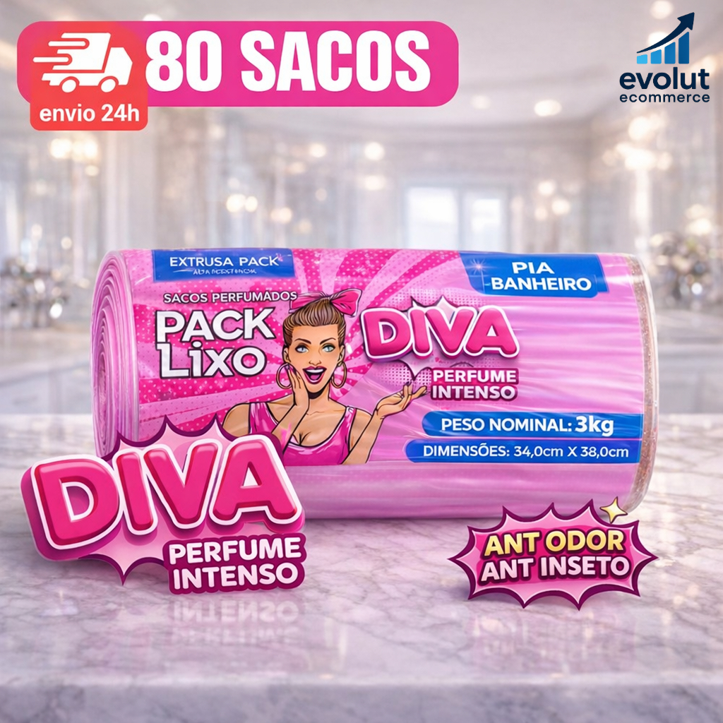 Sacos de Lixo Perfumados Diva | Anti-inseto | 80 Sacos | Pia e Banheiro | Neutraliza Odores |34x38cm