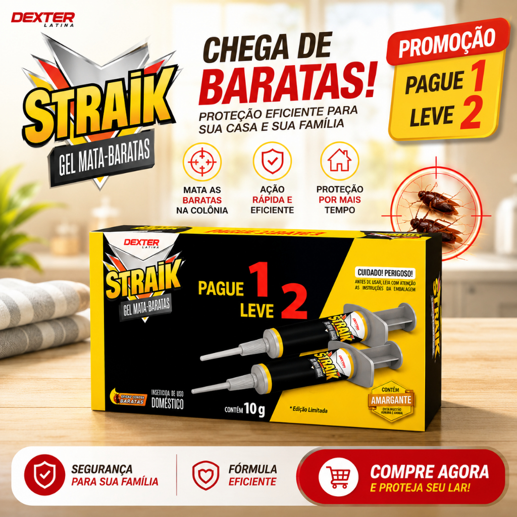 Mata Barata em Gel Straik Dexter Kit 2 Seringas 10g - Elimina Baratas Pequenas Cozinha e Frestas