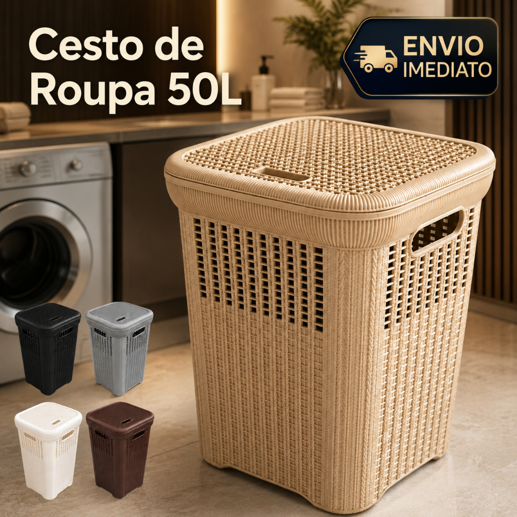 Cesto de Roupa Rattan 50L com Tampa Basculada Grande Premium