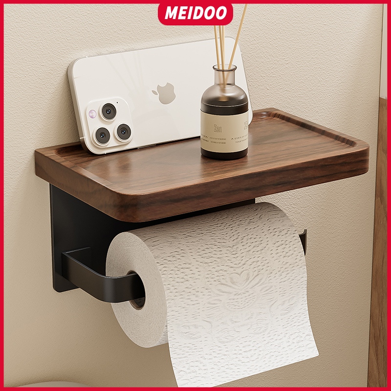 MEIDOO Porta-papel higiênico e suporte para celular, feito de madeira de nogueira preta