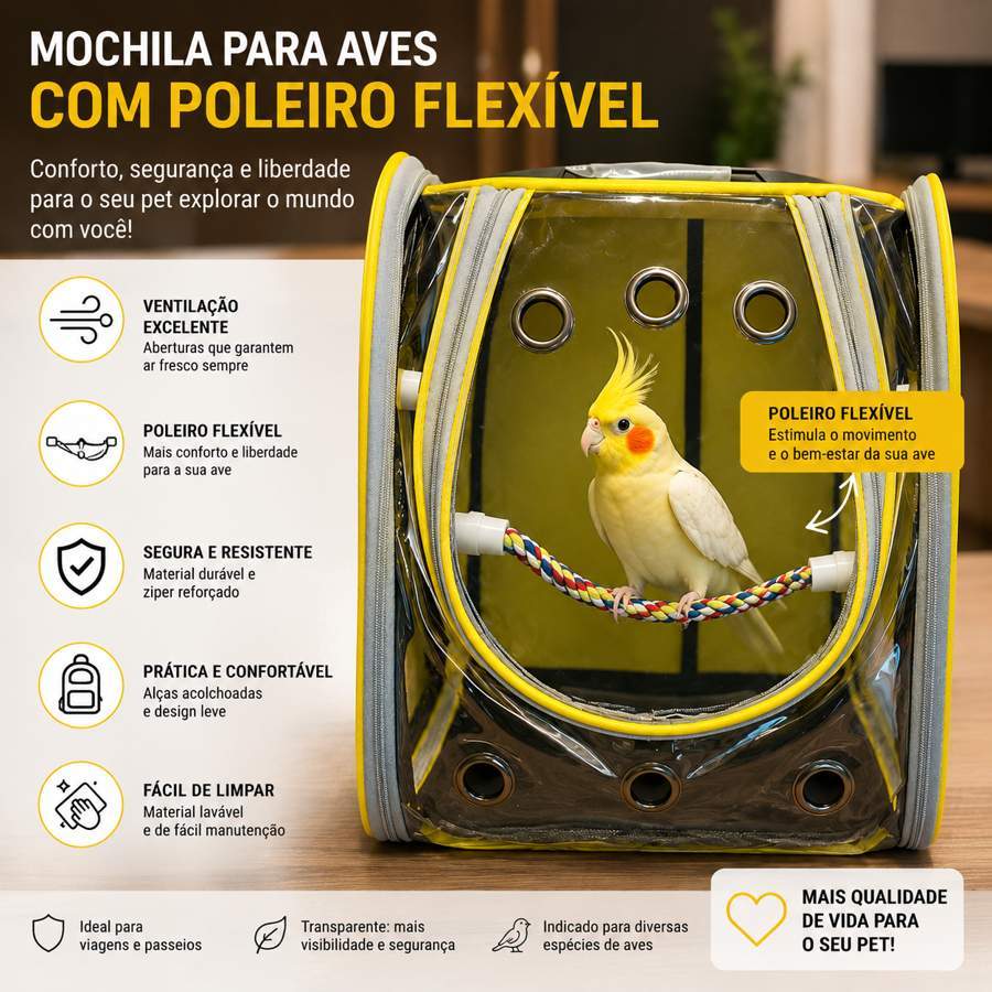 Bolsa Mochila Transporte para Pássaros Visor em Vinil Com 2 Poleiros Calopsita Pequenas Aves