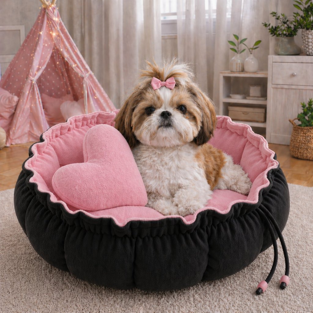 Caminha Redonda, com almofada de coração Rosa\Preto Cama Pet Londres Fresquinha Gato