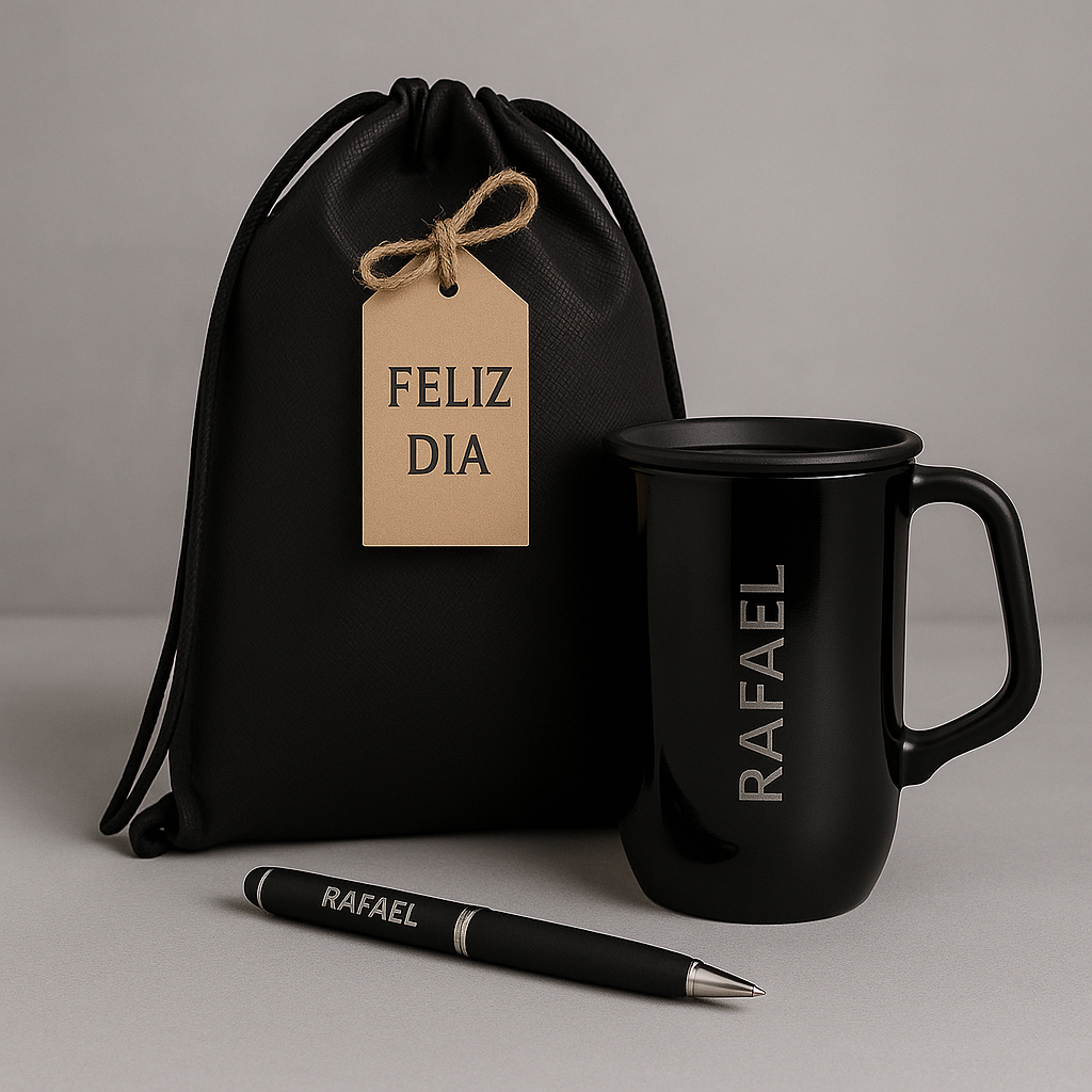 Kit Presente Personalizado – Caneca + Caneta + Mochila Saco | Gravação Nome Presente Pronto Criativo