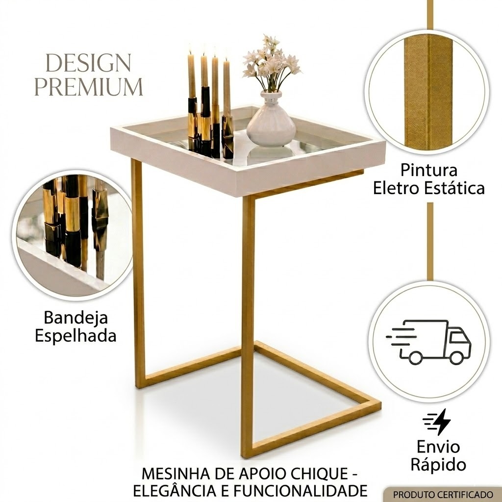 Mesa Lateral para Sofá Luxo Espelhada Design Moderno Elegante para Sala Pequena ou Apartamento