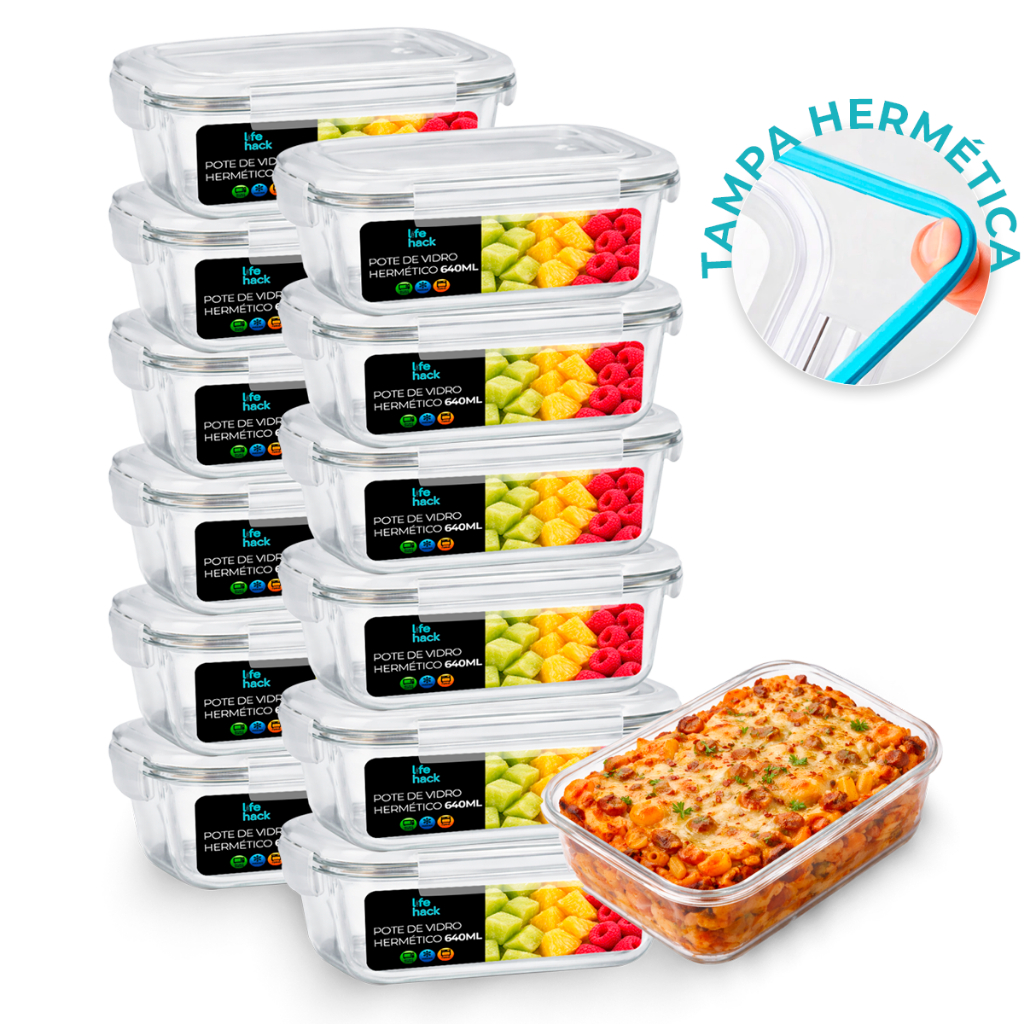 Kit Potes de Vidro 640ml Hermético Marmita Fit com Tampa 4 Travas