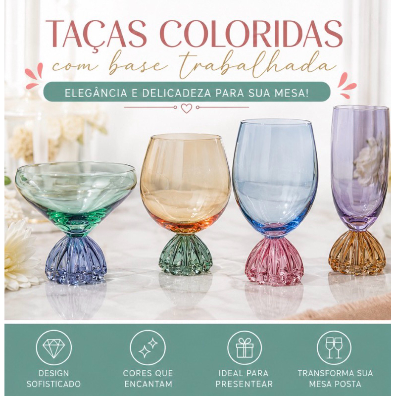 Taça de Vidro Colorida com Base Trabalhada | Mesa Posta Premium