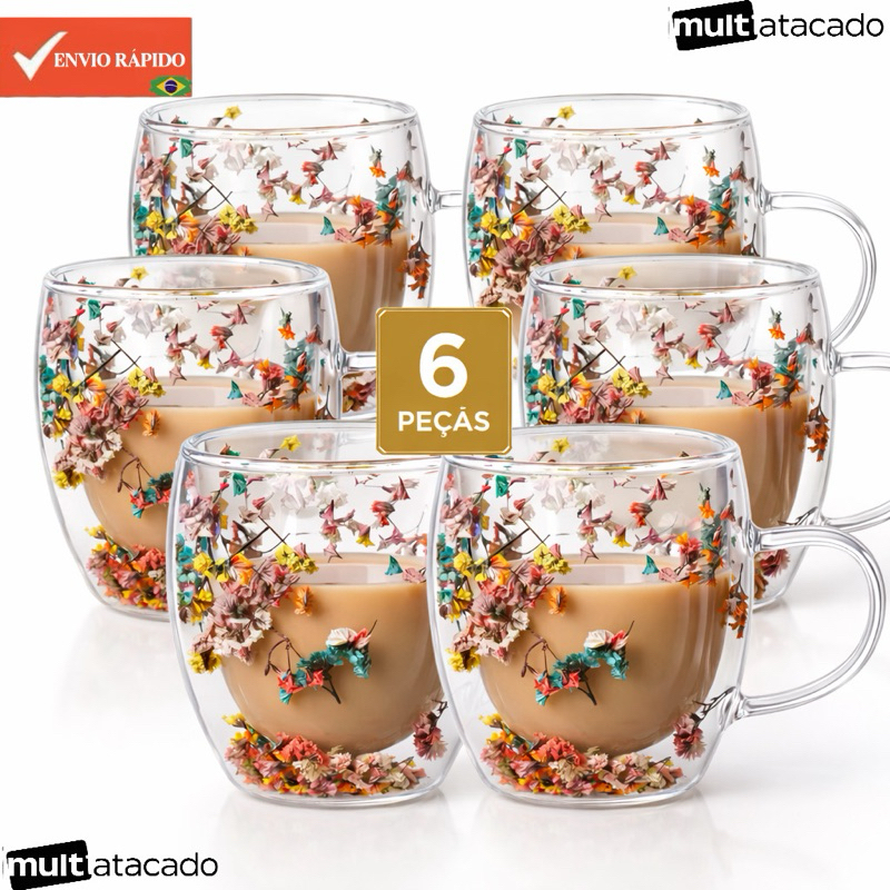 Jogo de Xícaras Chá e Café 250 ml Itália Âmbar Jogo ATE 6 Peças CanecaS XICARA DE FLOR Luxuoso