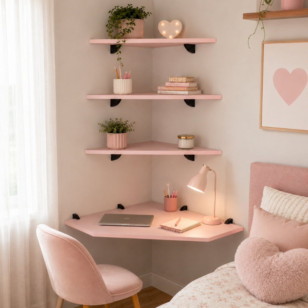 Kit Mesa Rosa Escrivaninha de Canto com 3 prateleiras para quarto e escritório em mdf 15mm