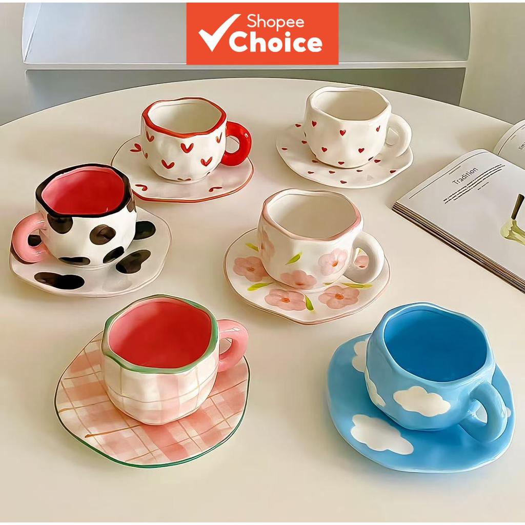 Conjunto De Caneca E Pires De Cerâmica Pintada À Mão , Xícara De Chá De Café Irregular Para Escritório Doméstico , Estil