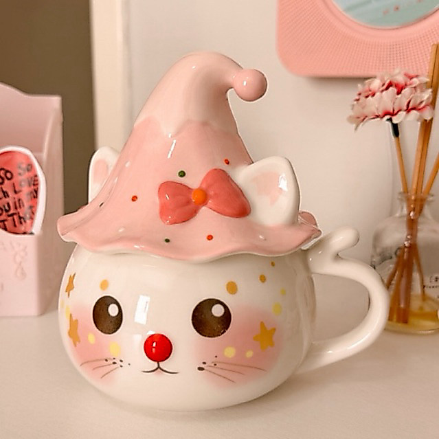 Caneca com tampa de Cerâmica Fofa Criativa Presente para Casal - Gatinha Rosa