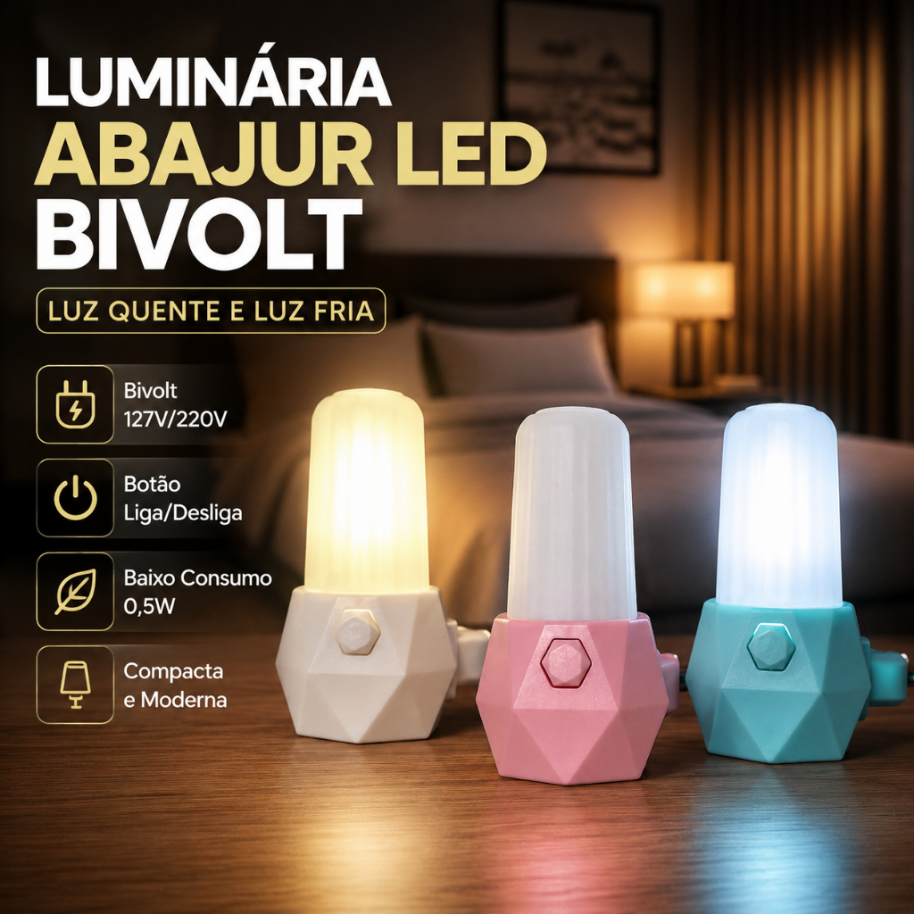 Mini Luminária LED Bivolt Luz Quente e Fria Abajur Noturno 1 ou 2 Unidades Aconchegante