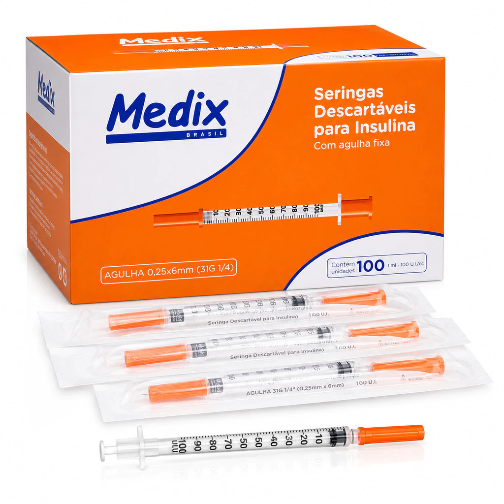 Seringa de Insulina Medix 1ml 100UI com Agulha fixa ultrafina 6x0,25mm - Descartável e Fácil Uso 100Uni