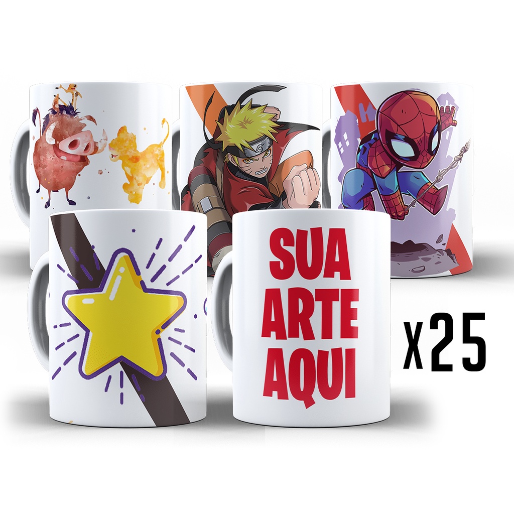 25 Canecas Personalizadas Kit + Caixa - Xícara 325ML Variados Porcelana Branca Cerâmica