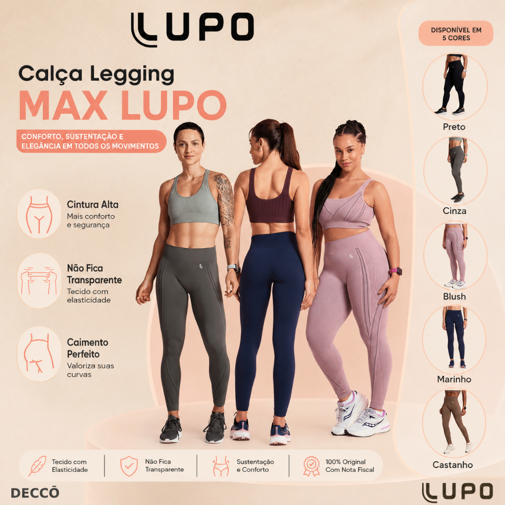 Calça Leg Legging Max Lupo Sport Tecnologia Sem Costura Seamless Dry para Treino de Alto Rendimento
