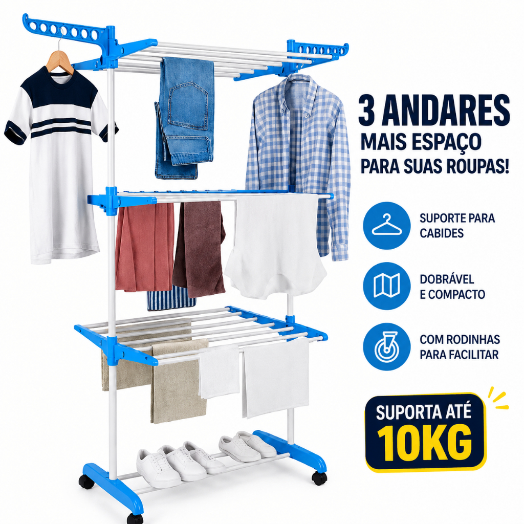 Varal De Chão Torre 3 Andares Dobrável, Suporte para Cabides, com Rodinhas