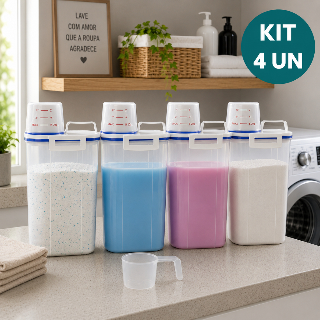 - Kit 4 Potes Herméticos 2L Para Lavanderia Com Vedação P/ Sabão em Pó Amaciante Produtos de Limpeza Organização Total
