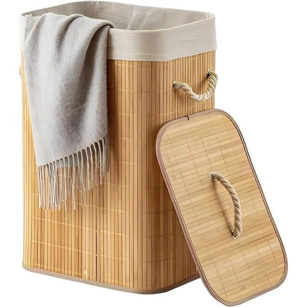Cesto Roupa Bambu Retangular Redondo Com Tampa Cesto Oraganizador Roupa Suja Alças Bege