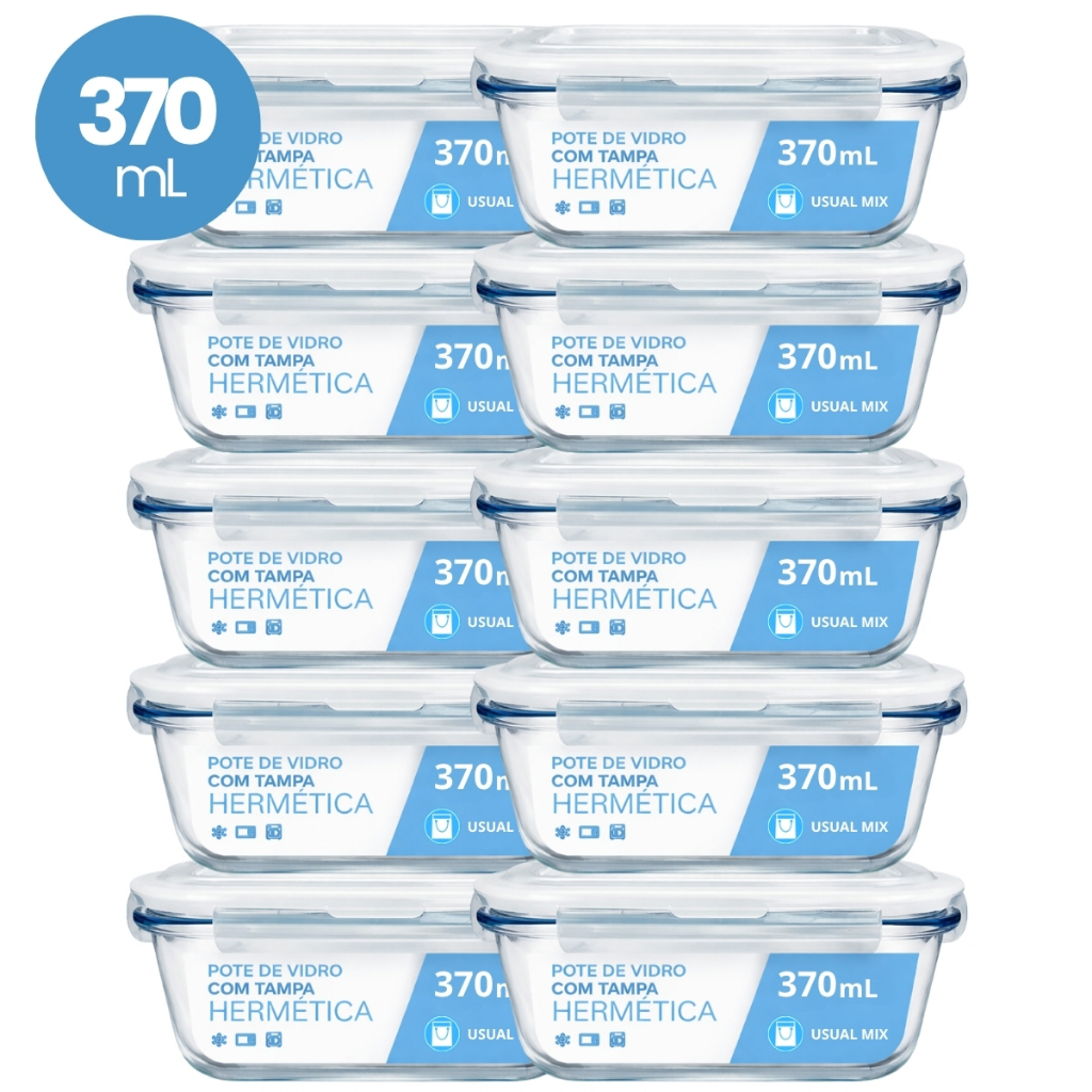 Kit 10 Pote Vidro Hermético Marmita 370ml Micro-ondas Freezer Forno Organização Geladeira
