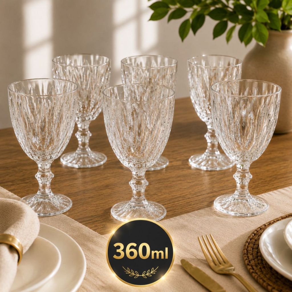 Jogo 6 Taças Grande 360ml Vidro Diamond Bico Abacaxi Jaca Conjunto Taça Para Água Vinho Tinto Suco Diamante