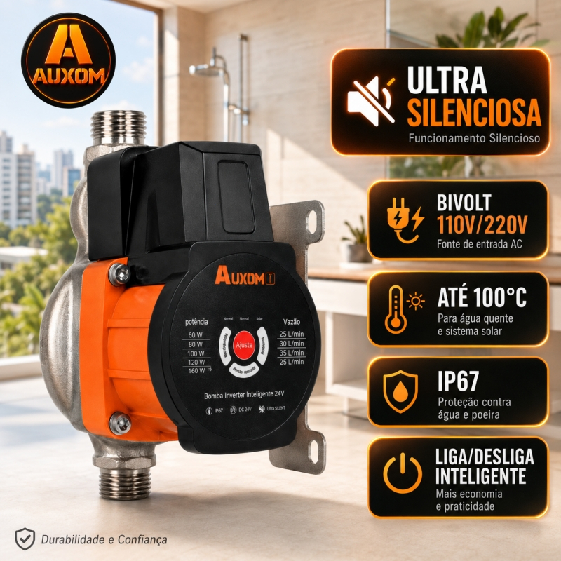 Bomba Pressurizadora de Água AUXOM 24V Bivolt 100W Automática Silenciosa 35L/min para Chuveiro e Aquecedor
