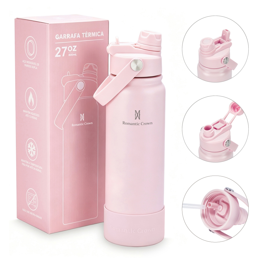 ROMANTIC CROWN Garrafa Térmica 800ml Aço Inox 304 Grande Capacidade com 2 Formas de Beber para Viagem e Esporte